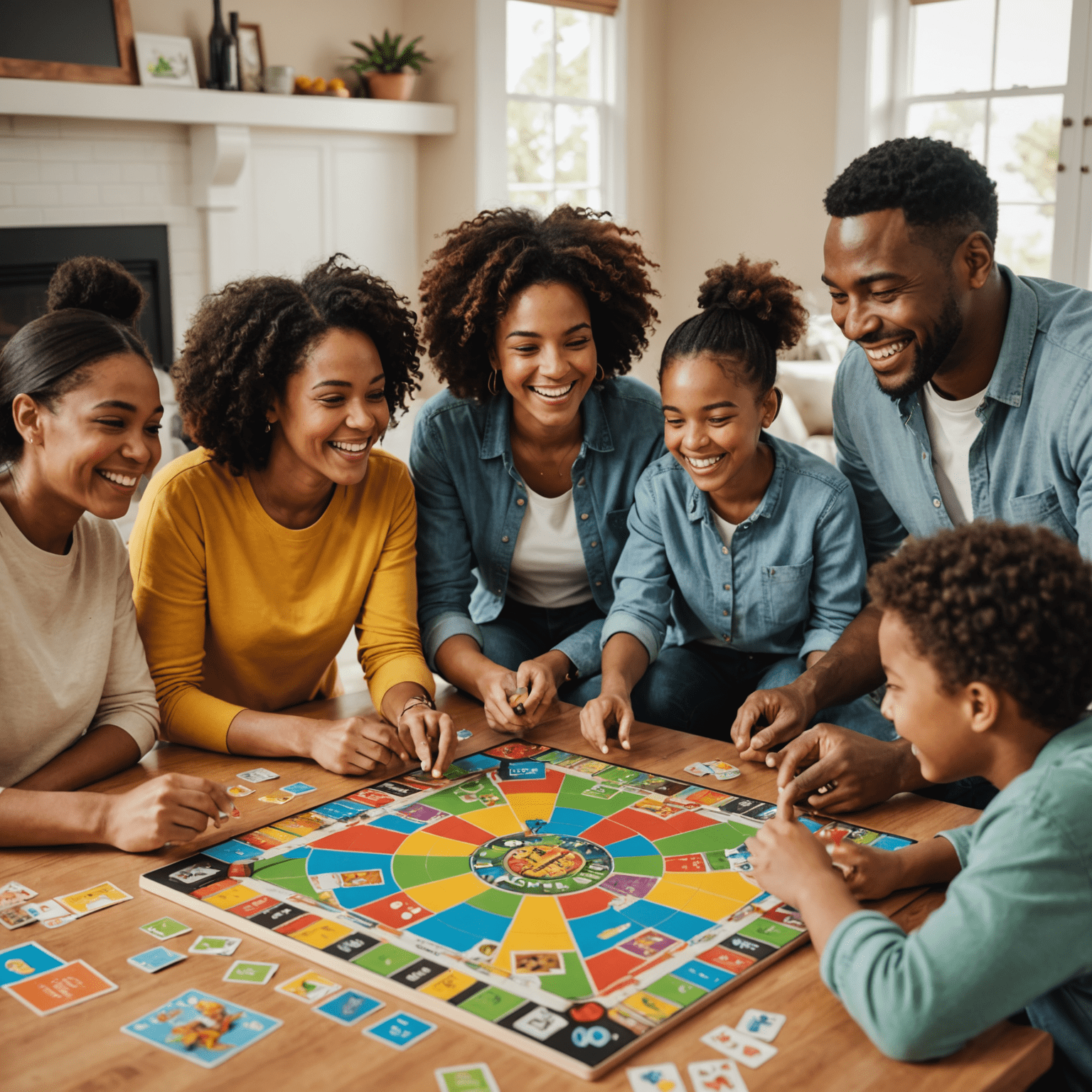 A diverse group of family members gathered around a table, playing a colorful board game with big smiles on their faces. The game board is filled with vibrant pieces and cards, showcasing the fun and engagement of family game night.