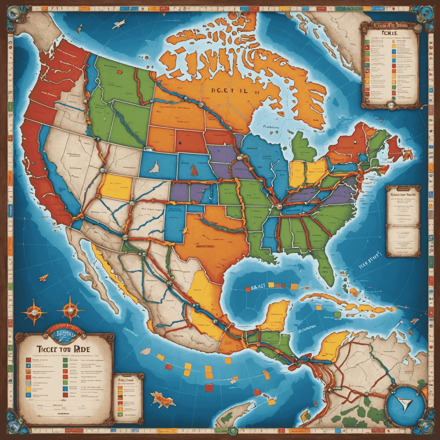 Ticket to Ride board game setup with colorful train routes across a map of North America