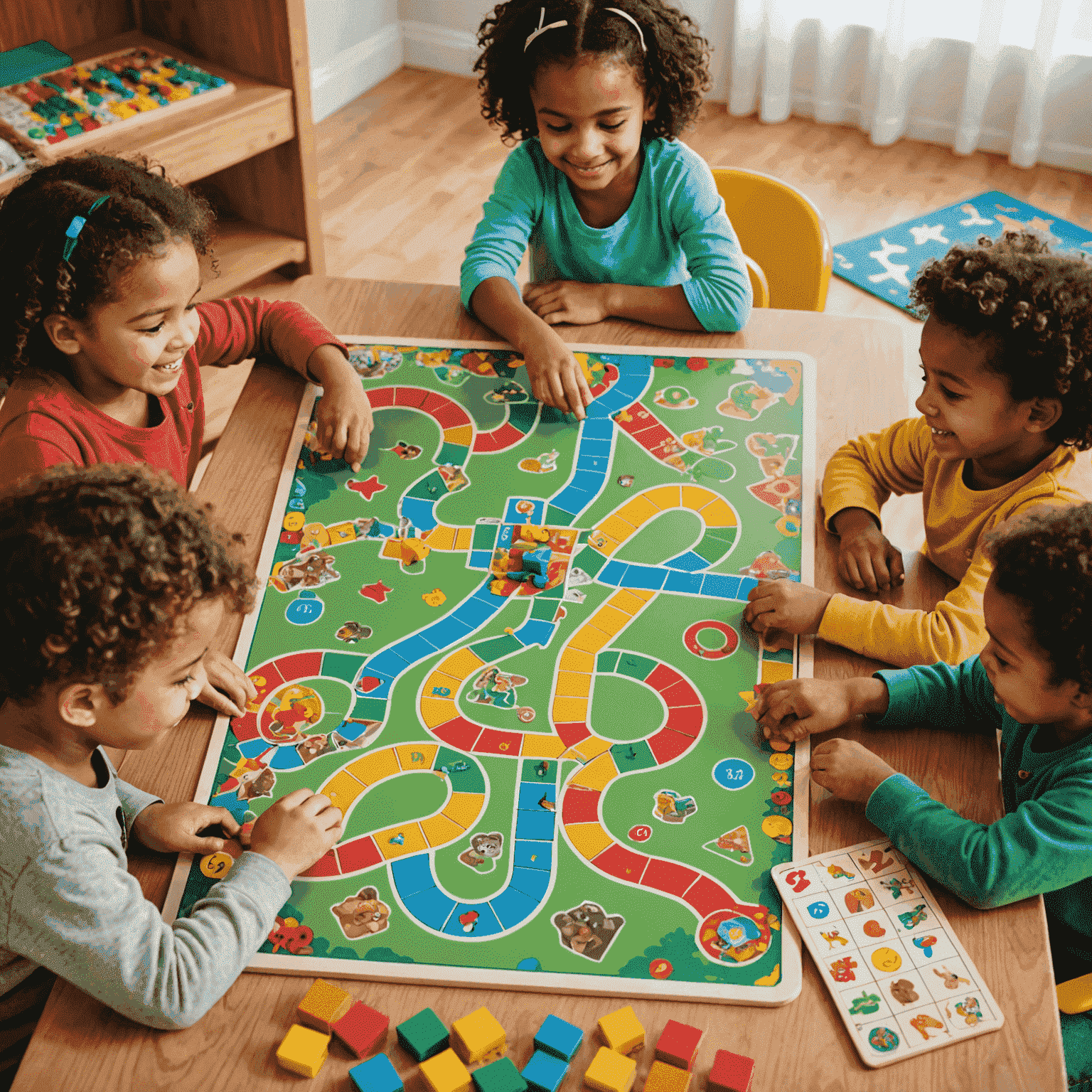 A group of happy preschoolers playing colorful board games on a table, with educational elements like numbers, shapes, and animals visible on the game boards
