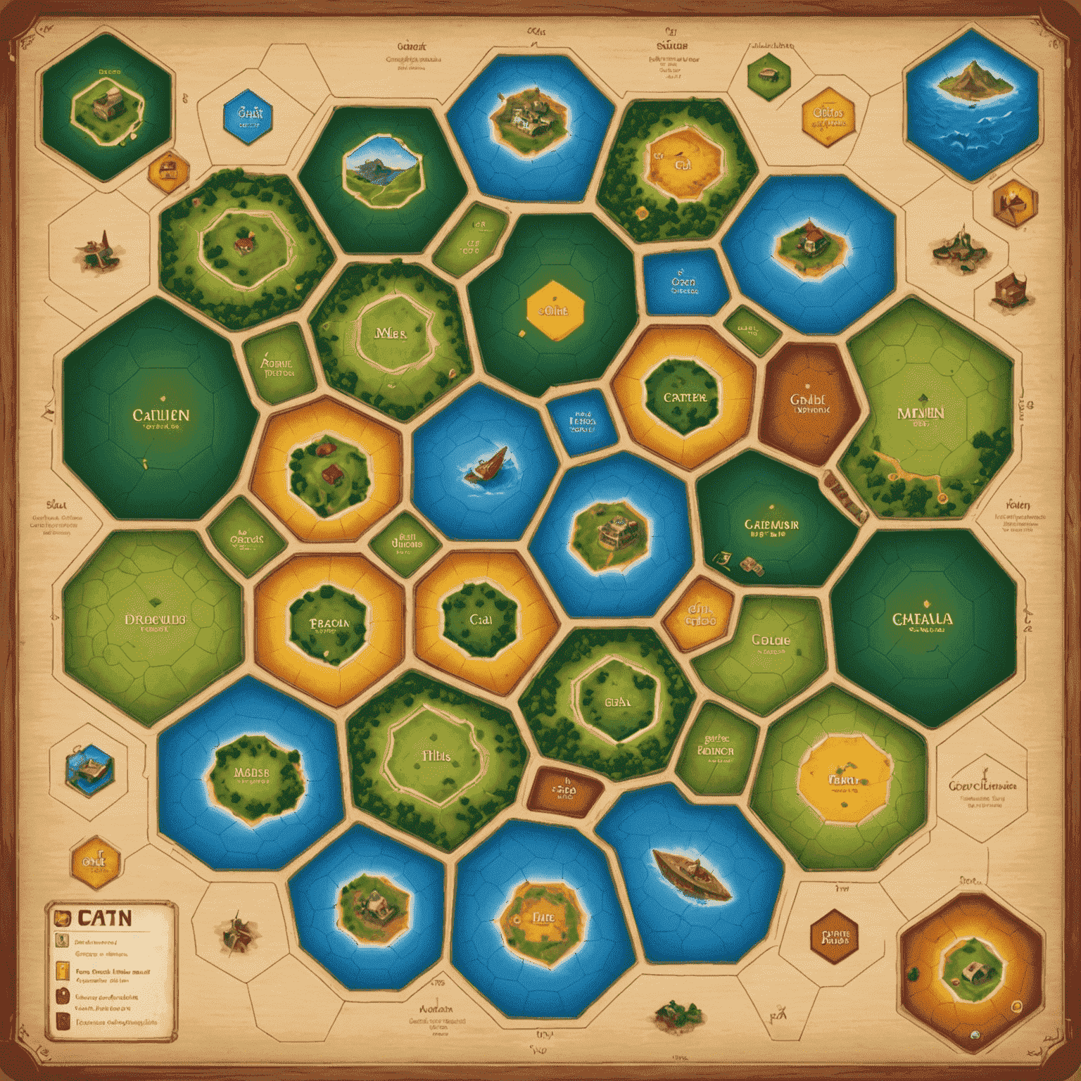 Catan game board with hexagonal tiles representing different terrains, settlement pieces, and resource cards