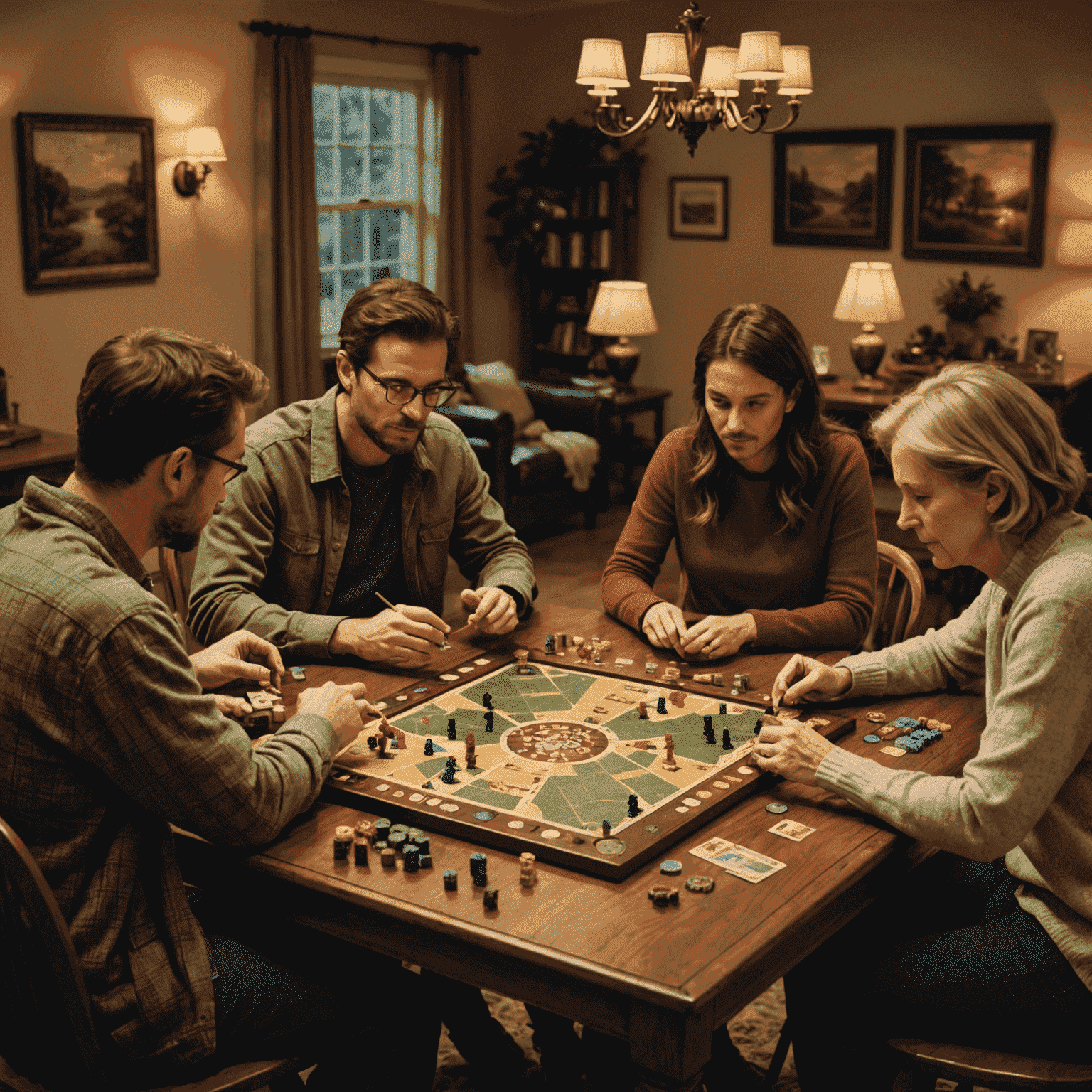 A group of adults gathered around a table, engrossed in a complex board game with intricate pieces and a large game board. The scene is set in a cozy living room with warm lighting.