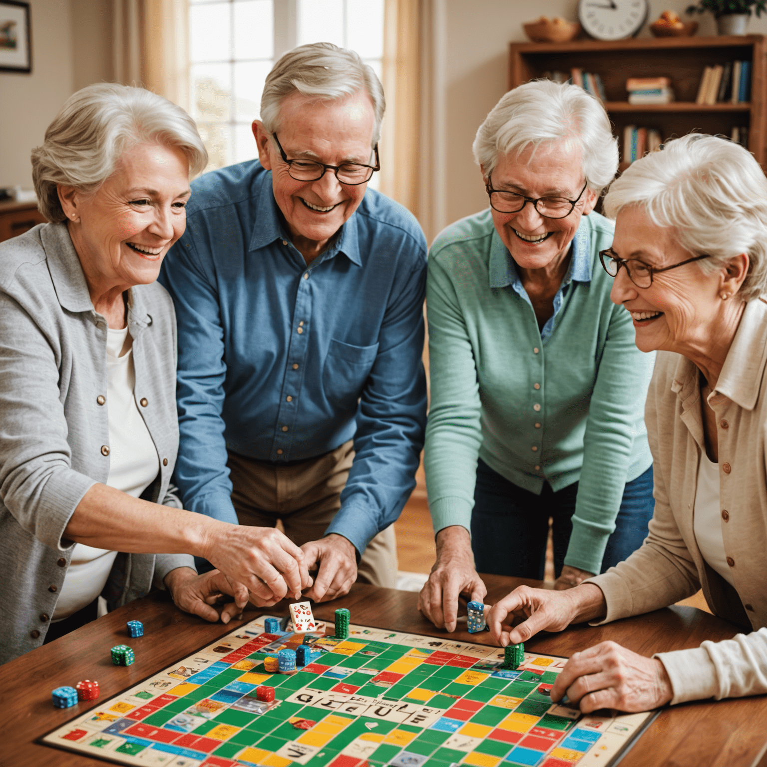 A group of senior adults playing a colorful board game together, smiling and engaged. The game board features large, easy-to-read text and pieces.