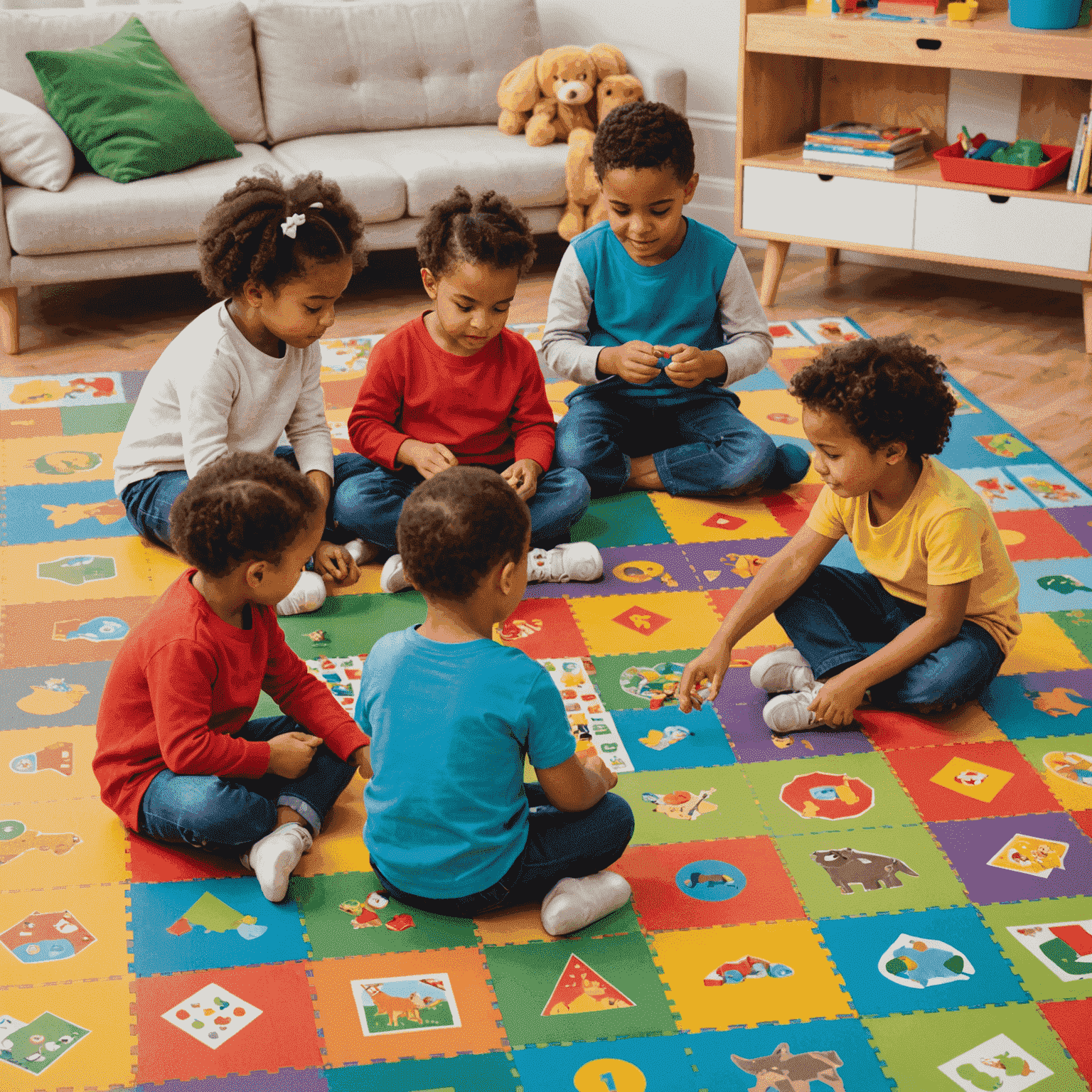 A group of preschool-aged children sitting on a colorful play mat, engrossed in a simple board game with large, chunky pieces. The game features bright colors, basic shapes, and pictures of animals, demonstrating its educational nature.