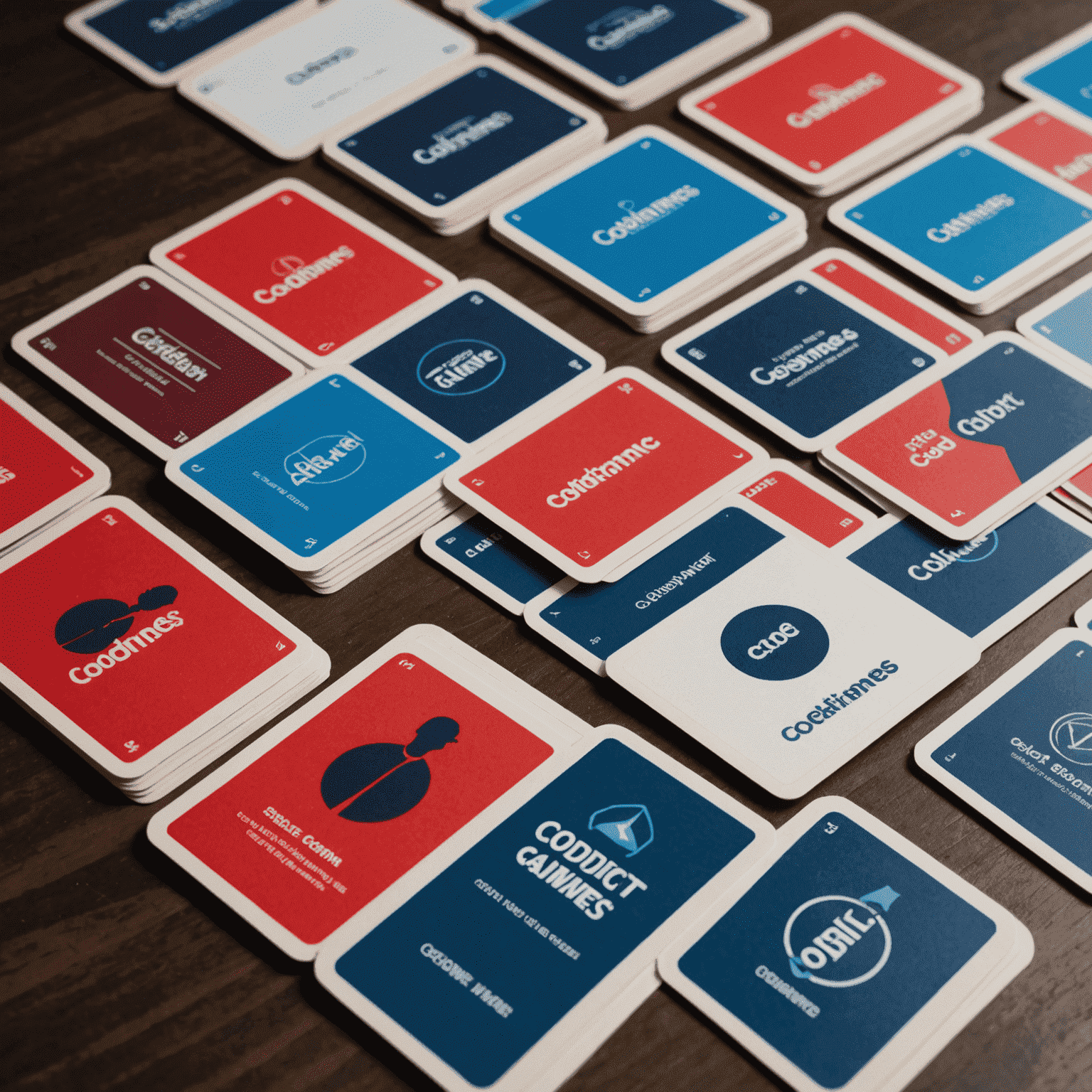 Codenames game cards laid out on a table with red and blue agent cards