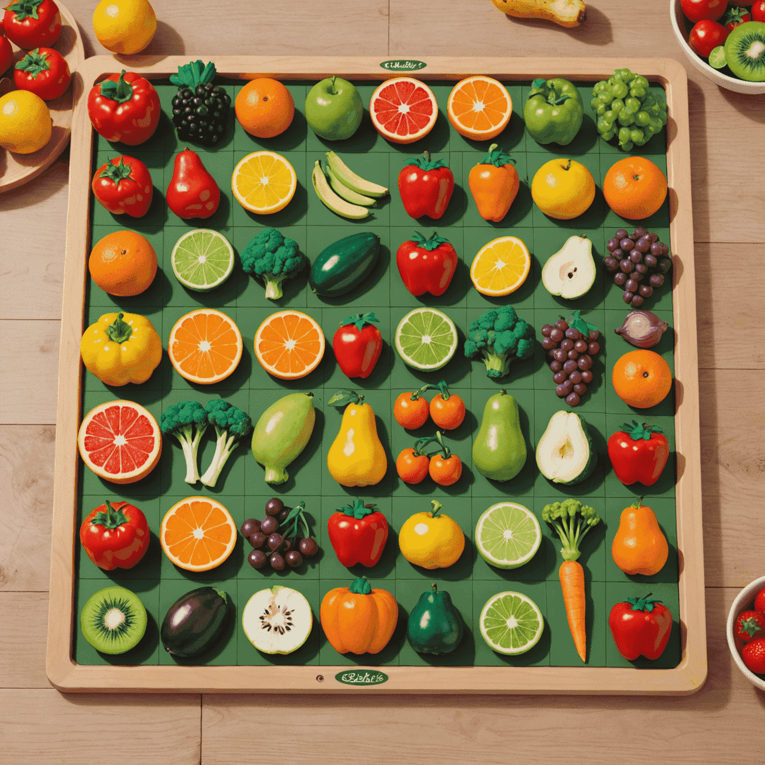 Colorful game board with large, easy-to-grasp pieces featuring various fruits and vegetables