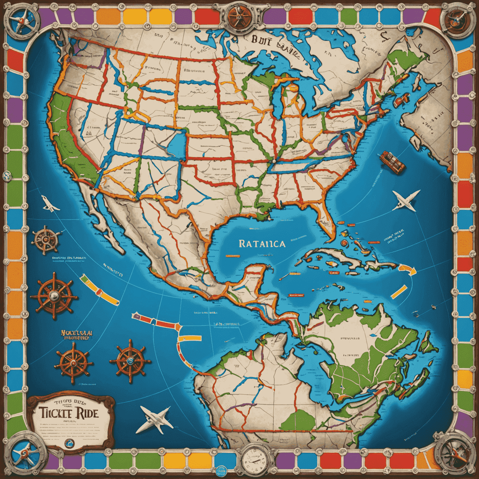 Ticket to Ride game board showing a map of North America with colorful train routes and player pieces