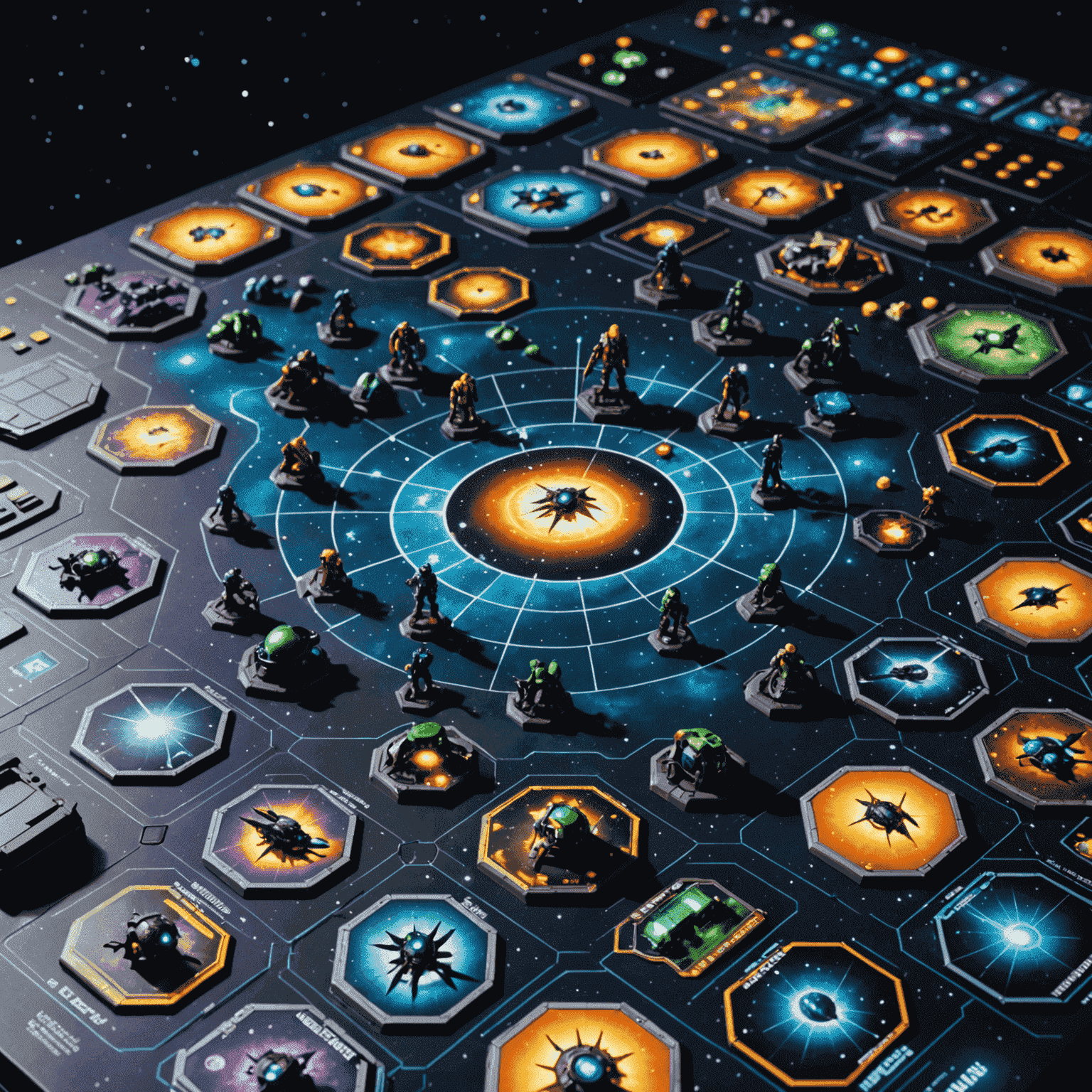 Game board of Twilight Imperium with various alien race miniatures, planet tiles, and technology cards spread across a star map.