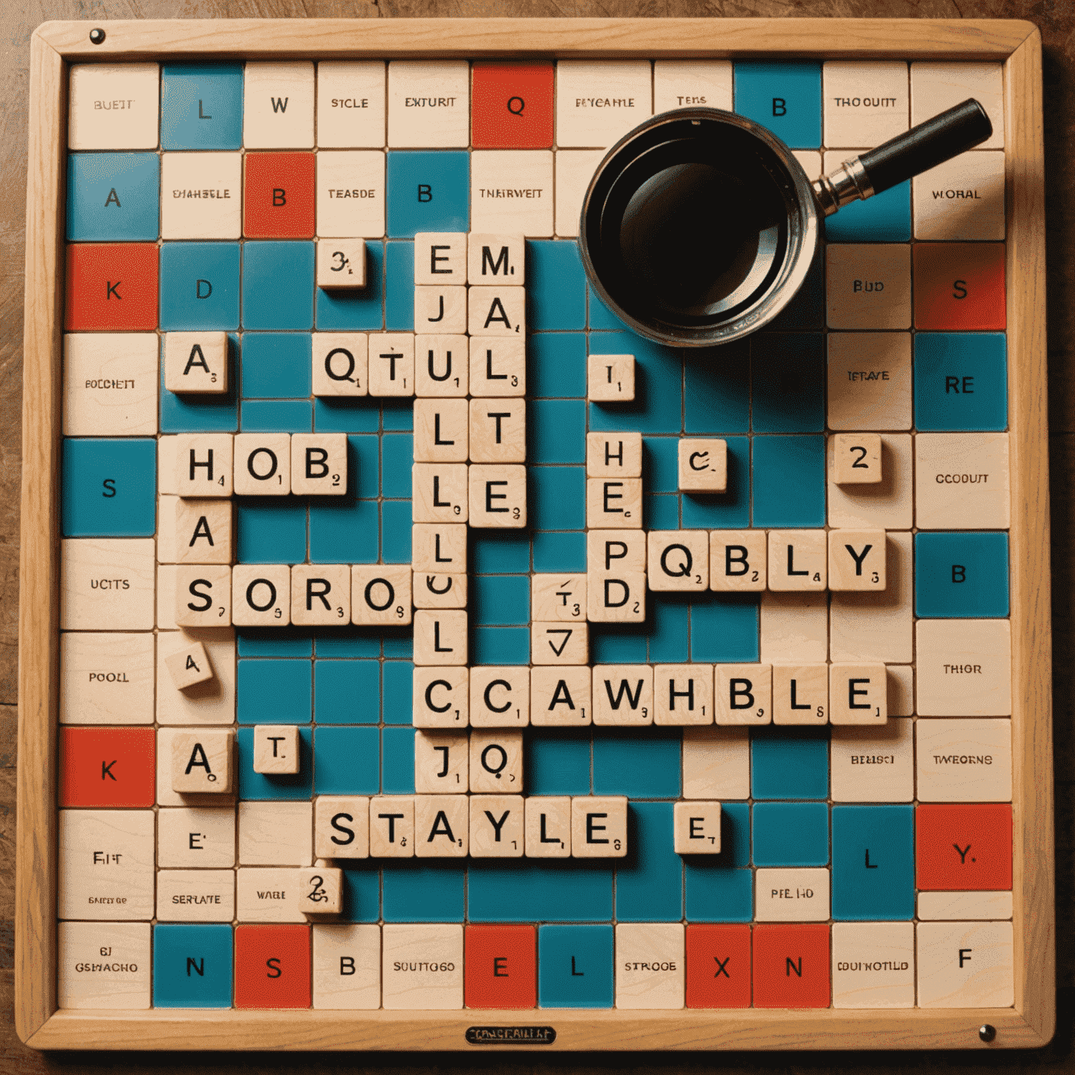 A Scrabble board with large, easy-to-read tiles and a magnifying glass nearby for easier viewing.