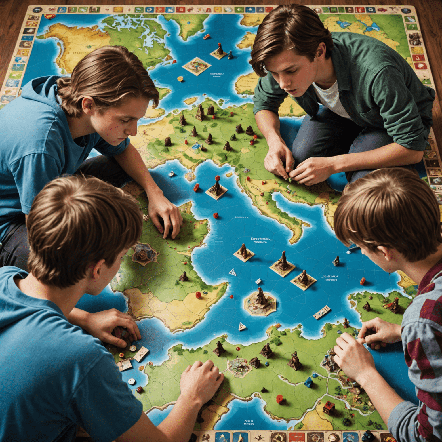 A group of teenagers intensely focused on a complex strategy board game. The game board shows a fantasy world map with various territories, resource tokens, and miniature figures. The teens are seen discussing tactics and planning their next moves.