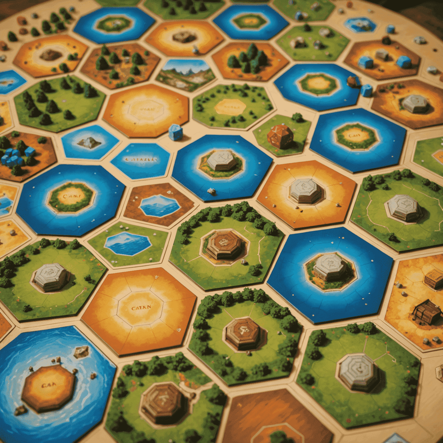 Catan game board set up with hexagonal tiles representing different resources