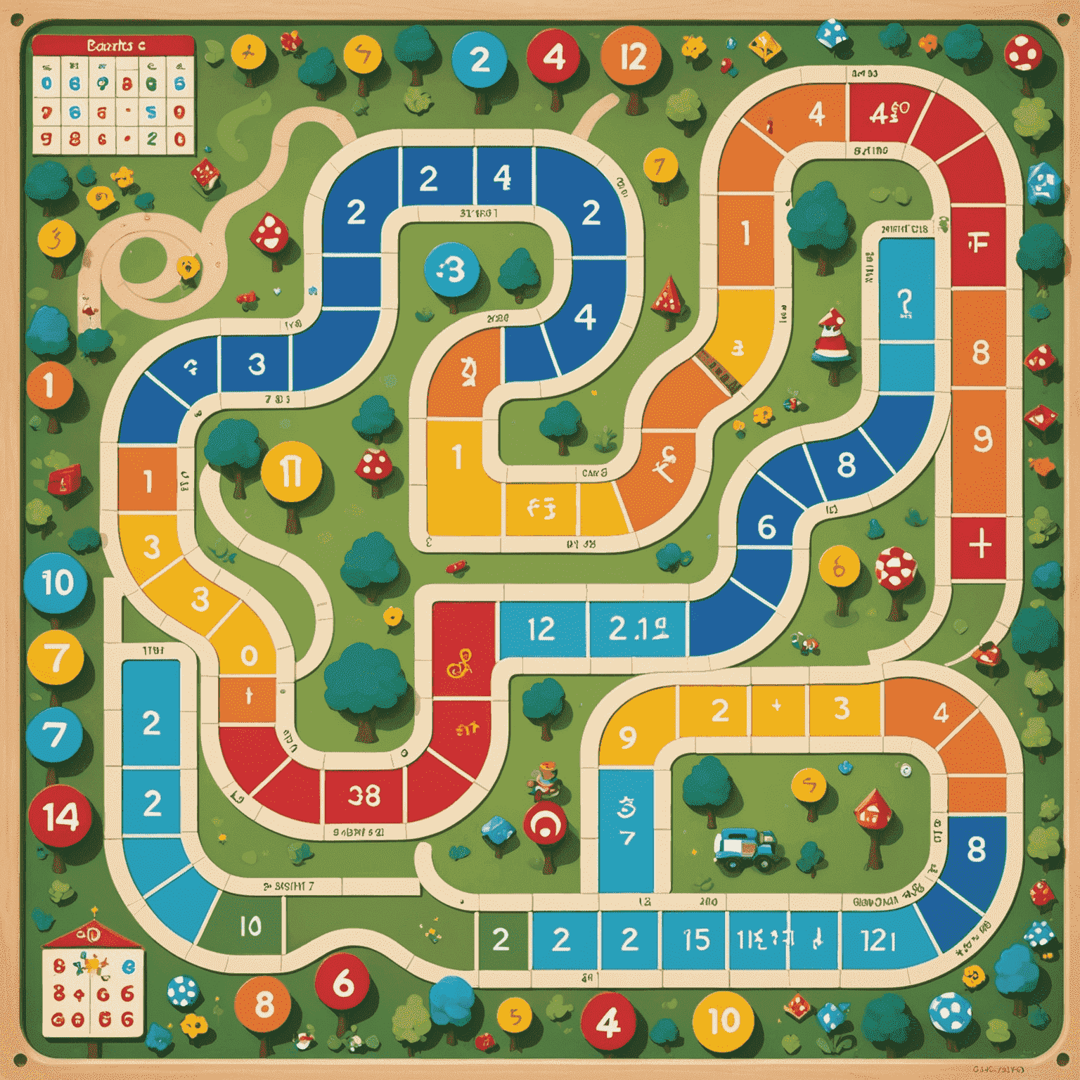 Game board with a winding path and large, colorful spaces featuring numbers and simple math symbols