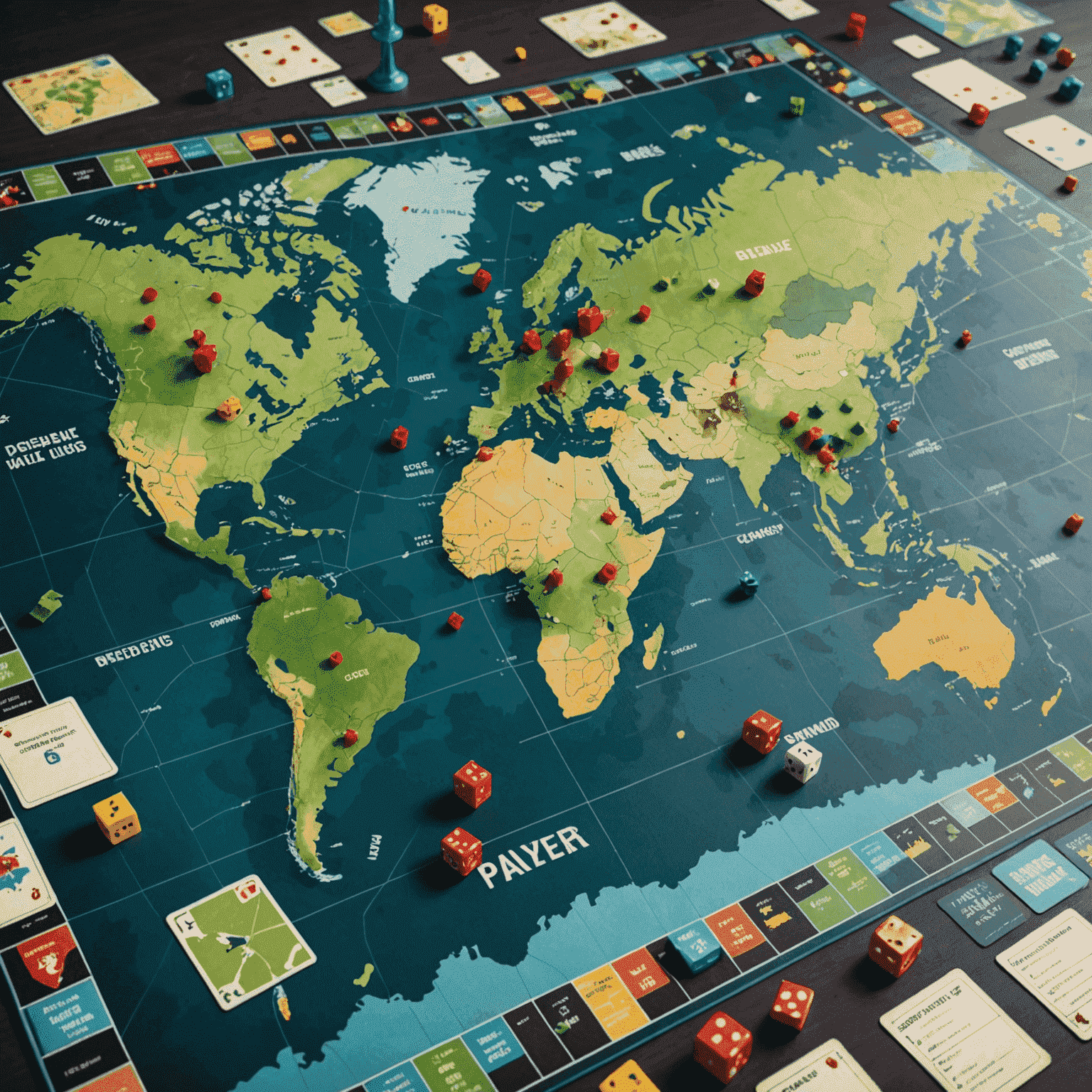 Pandemic game board depicting a world map with disease cubes, player pawns, and city cards