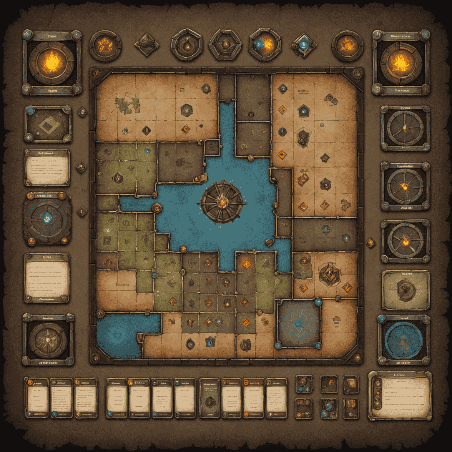 Game setup for Gloomhaven showing a detailed dungeon map, character miniatures, and various cards and tokens.
