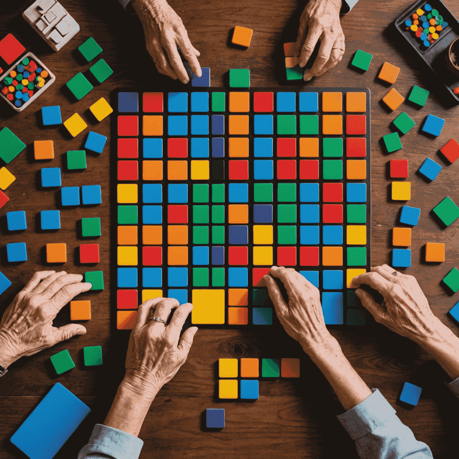 Qwirkle tiles laid out on a table, showcasing their bright colors and simple shapes, with senior hands placing a tile.