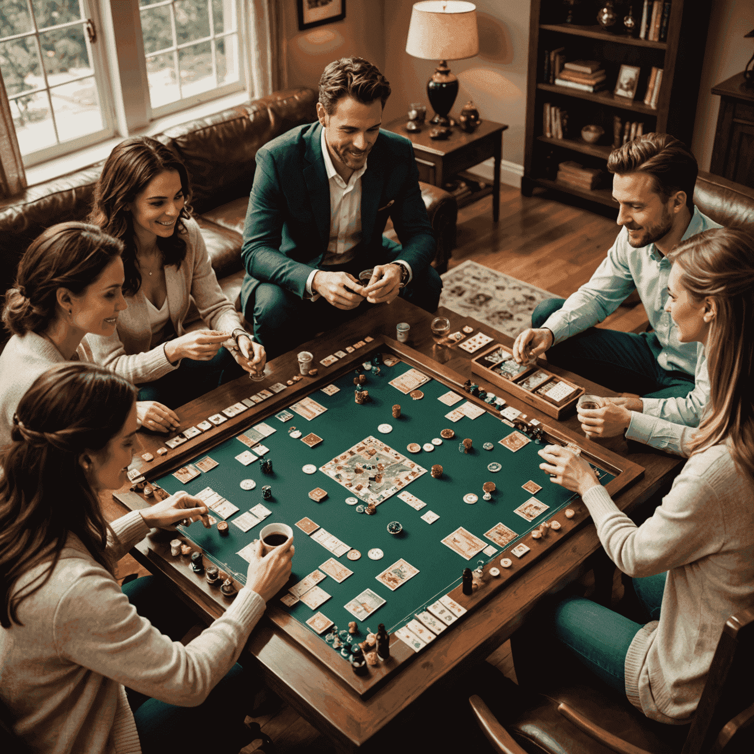 A sophisticated living room setting with a group of adults gathered around a coffee table, playing an intricate board game. The game features multiple decks of cards, detailed miniatures, and a complex game board. Wine glasses and snacks are visible, indicating a grown-up game night atmosphere.