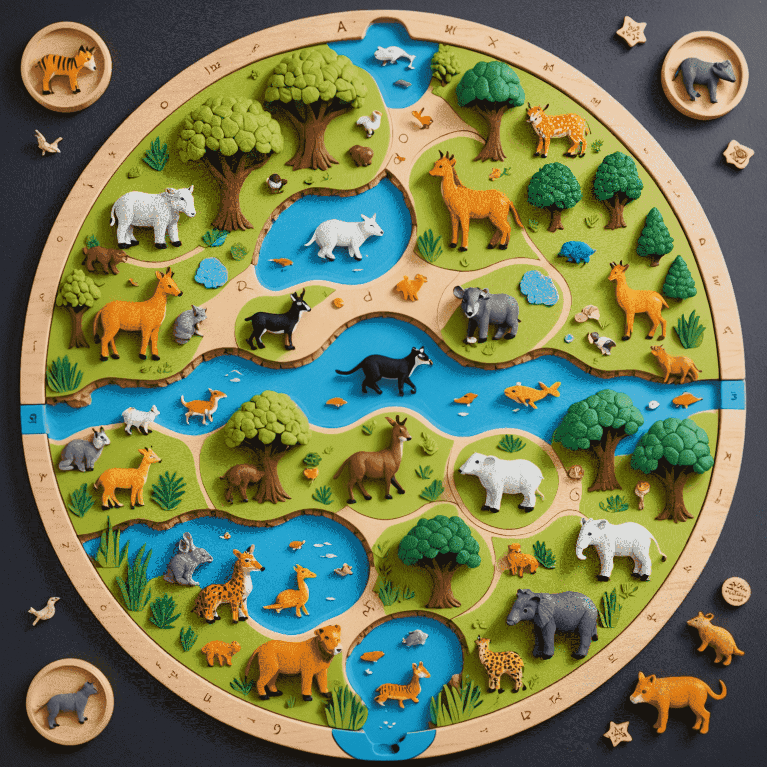 Circular game board with various animal habitats and cute animal figurines