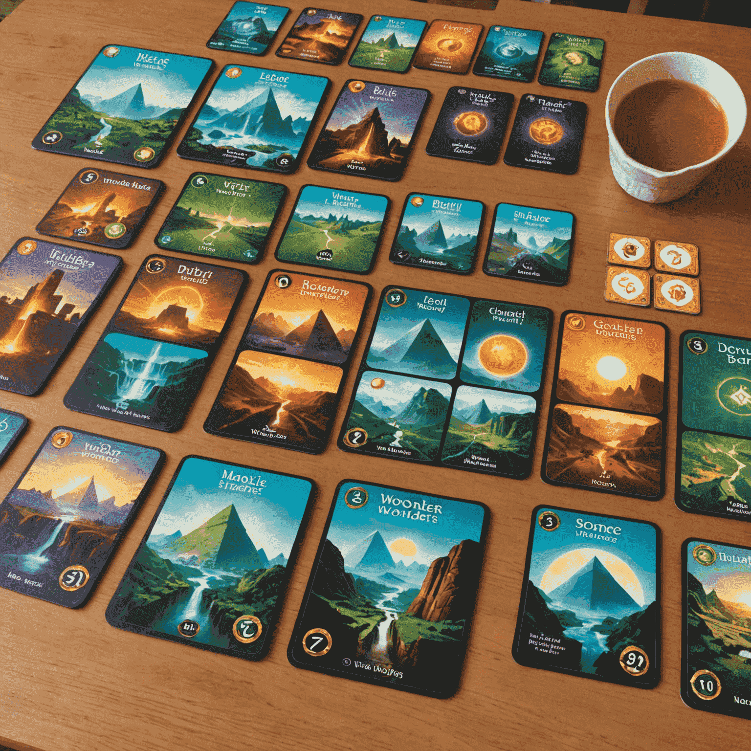 7 Wonders game setup with wonder boards, resource cards, and age cards spread out