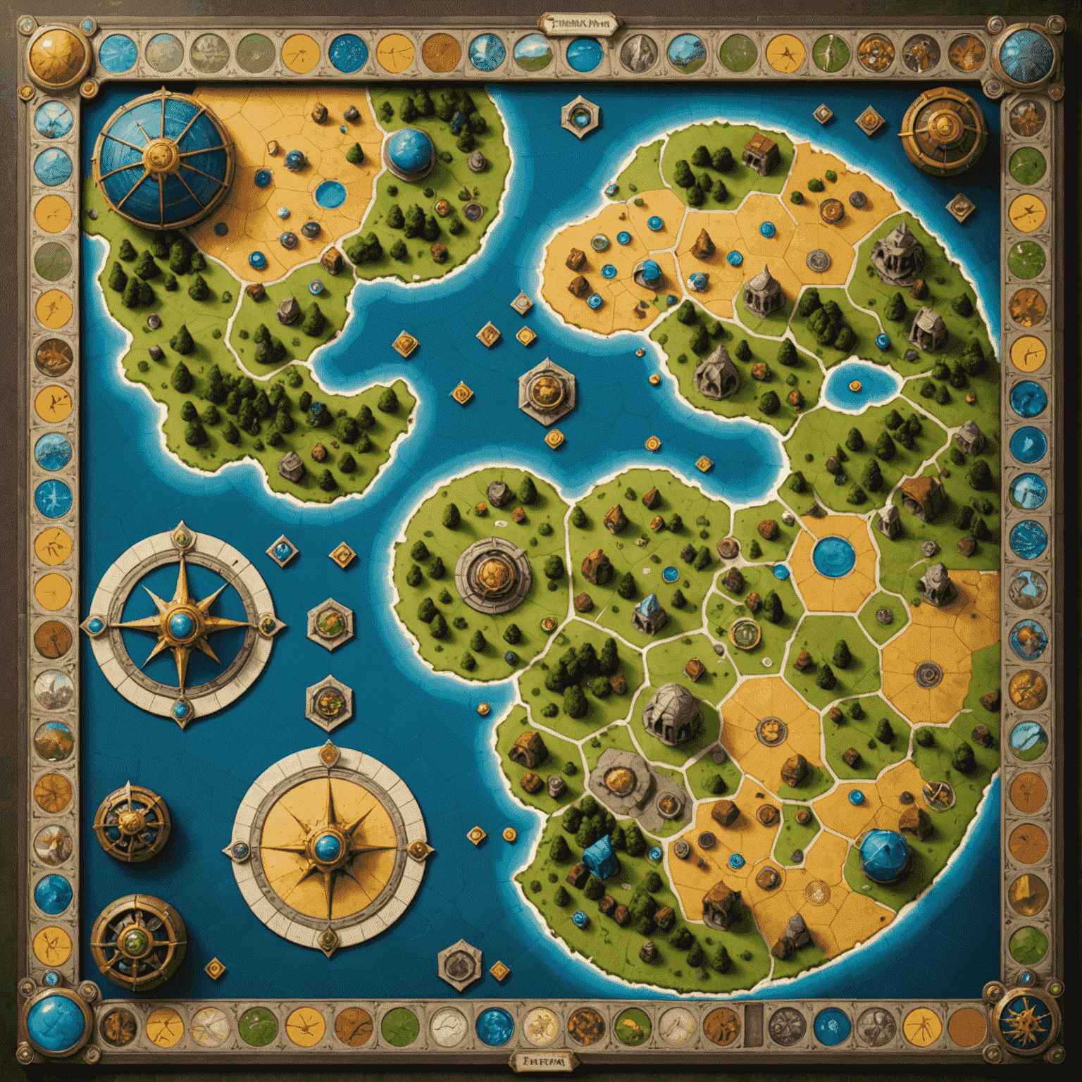 Terra Mystica game board displaying various fantasy terrains, player boards with different factions, and resource tokens.