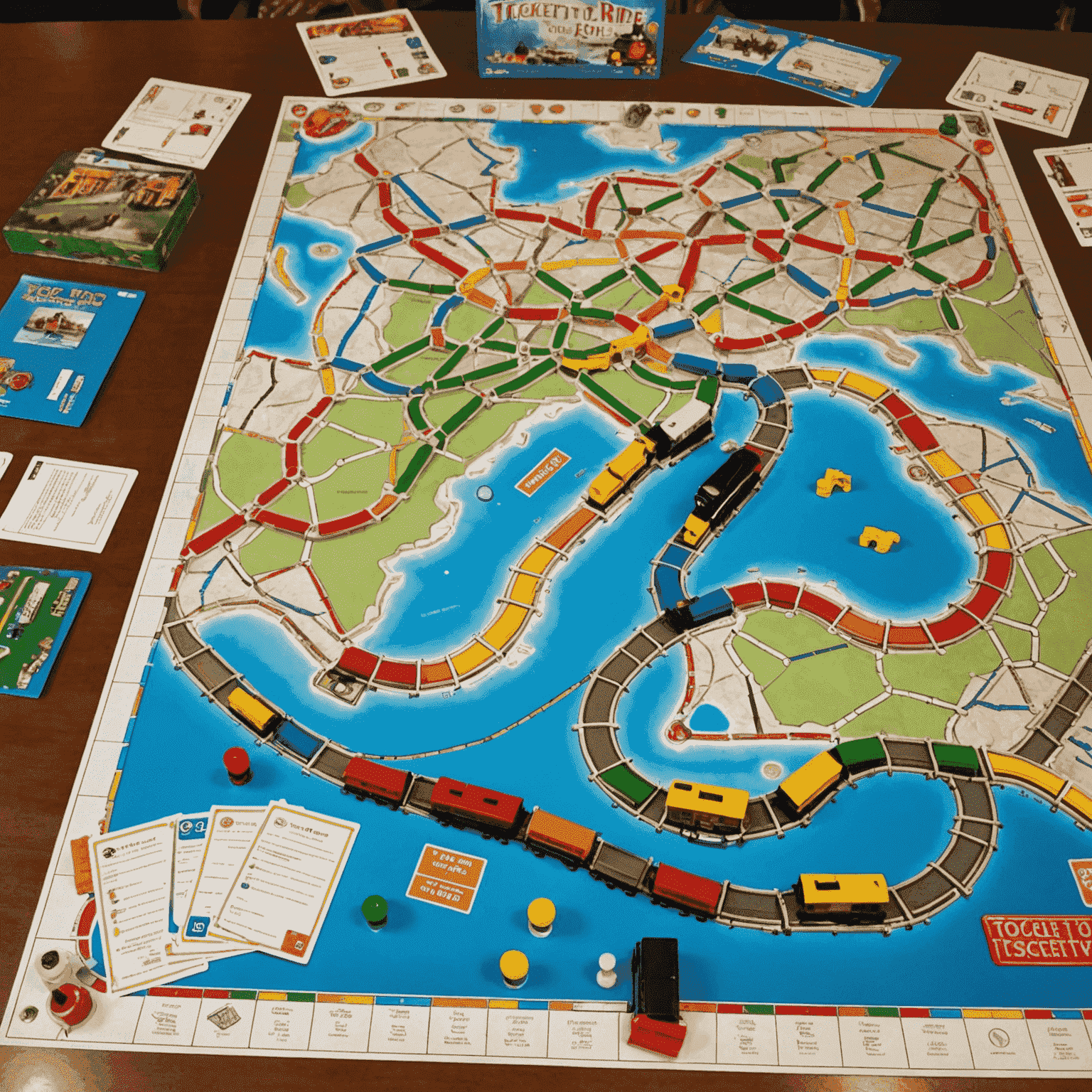 The Ticket to Ride game board set up with its colorful train pieces and route cards, being played by a group of seniors.