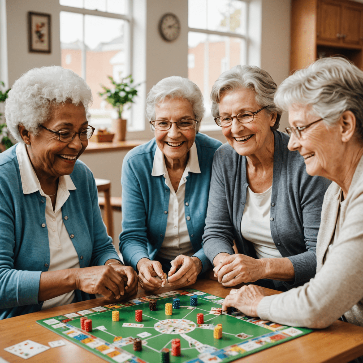 A group of senior citizens enjoying a board game in a bright, comfortable community room. The game features large print cards and easy-to-handle pieces. The seniors are smiling and engaged, demonstrating the social and cognitive benefits of board games for older adults.