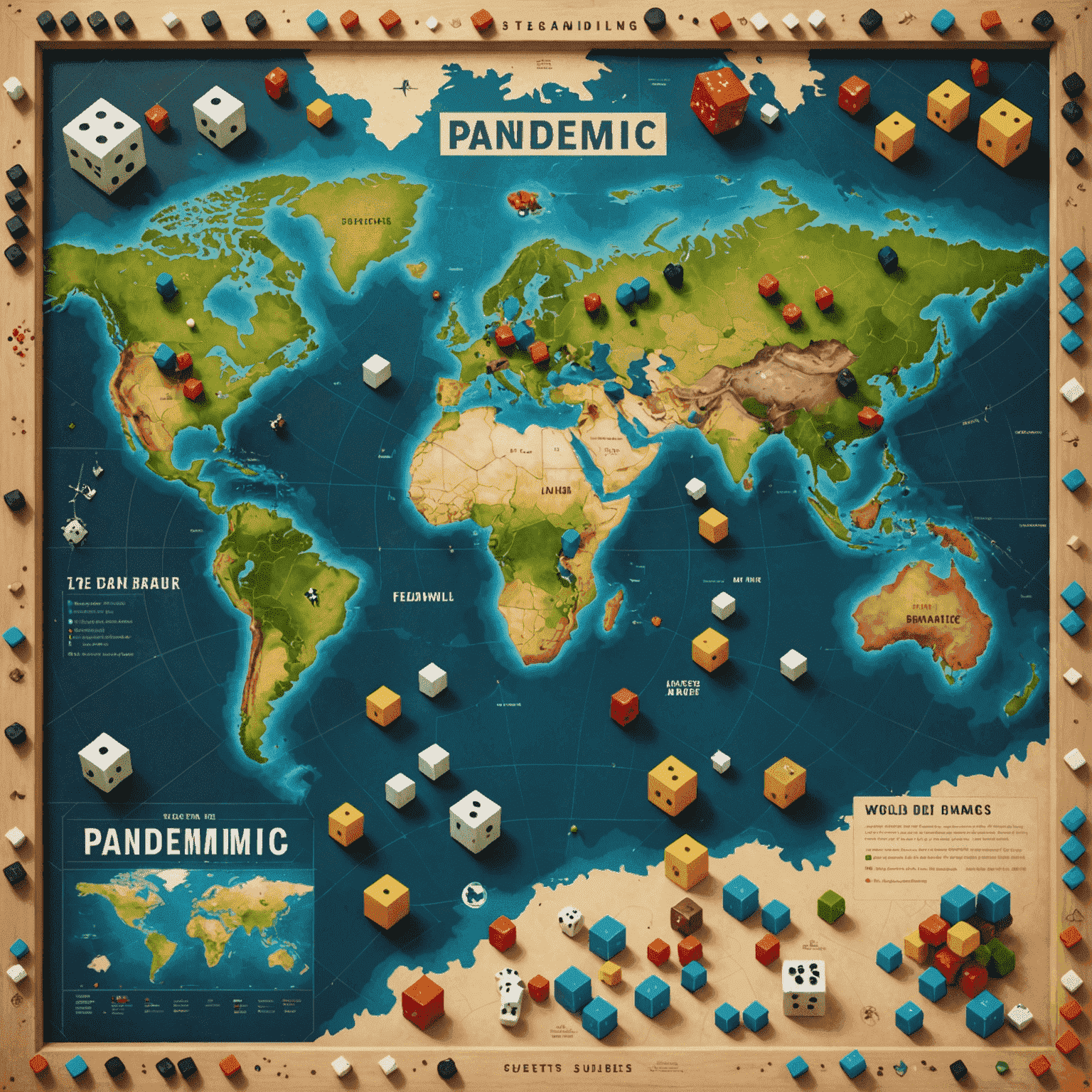 Pandemic game board showing a world map with disease cubes and player pawns