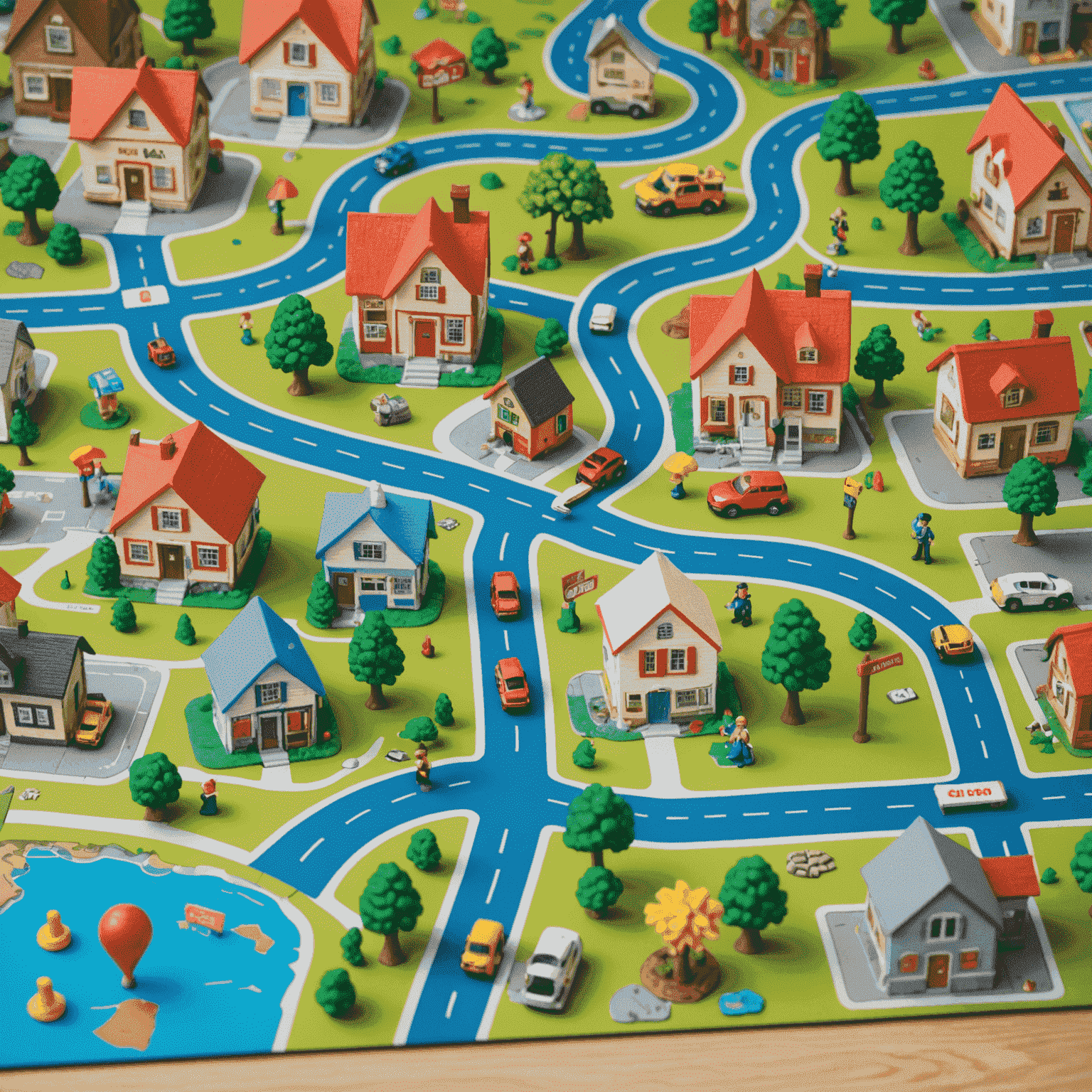 Game board featuring a town map with various locations and community helper figurines