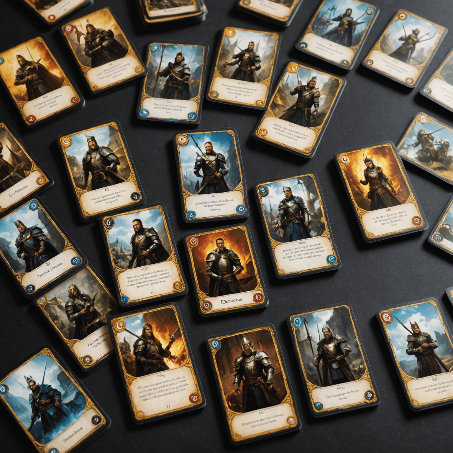 Dominion game cards arranged in piles, showing kingdom cards, treasure cards, and victory point cards