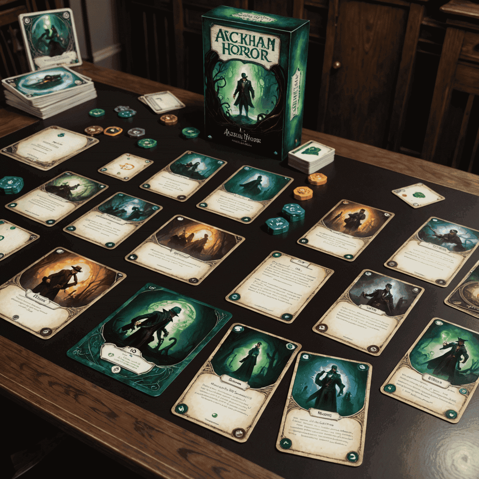 Arkham Horror: The Card Game setup with investigator cards, encounter deck, and location cards arranged to form a mysterious scenario.