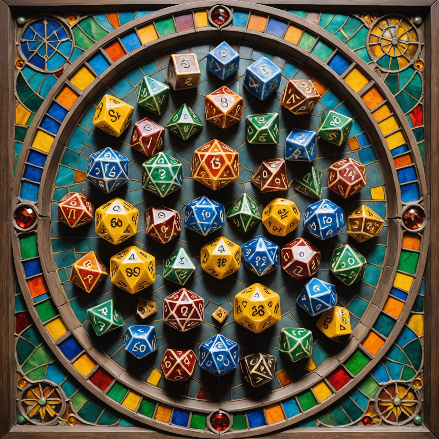 Close-up of the Sagrada game board with its colorful dice arranged in intricate patterns, resembling stained glass windows.