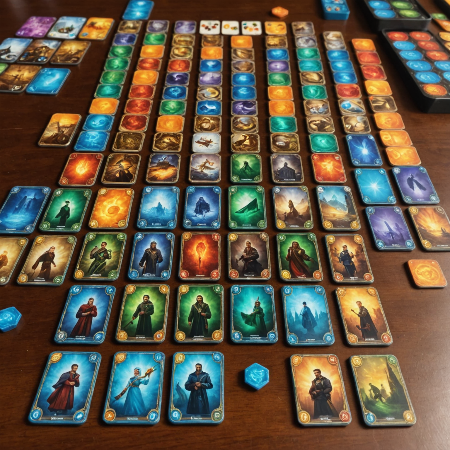 Splendor game setup with gem tokens, noble tiles, and development cards laid out